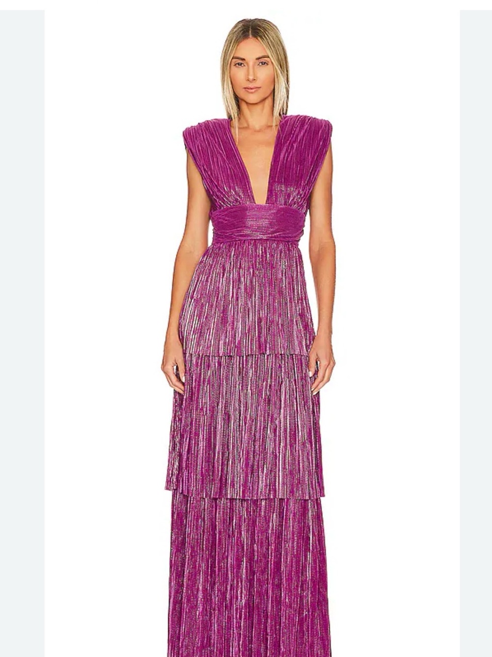 Sabina Musayev Metallic Magenta Plunging V-Neck Tiered Maxi Dress
